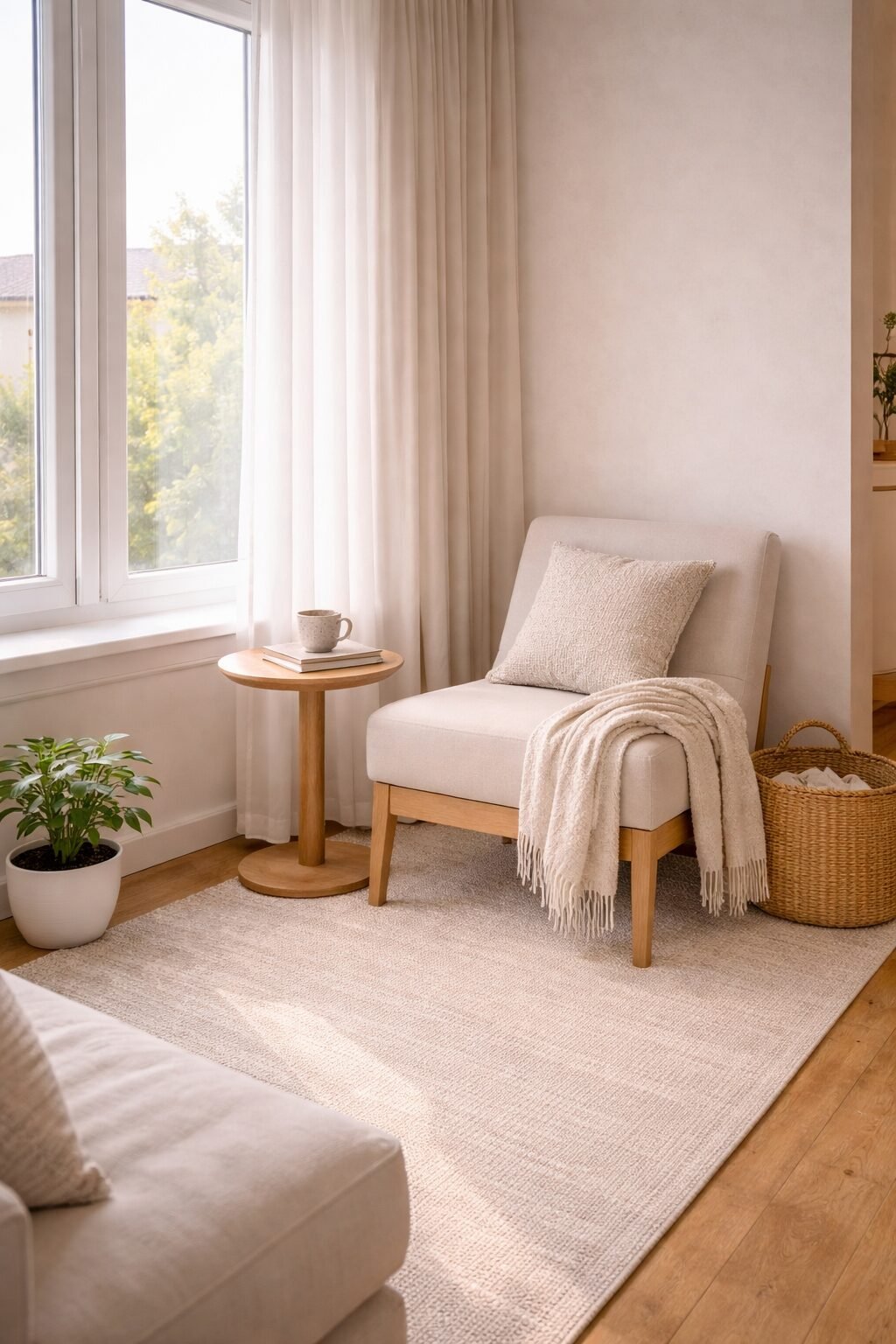 Bright window-side reading nook with sheer curtains, a compact chair, small round table, and a simple woven basket.