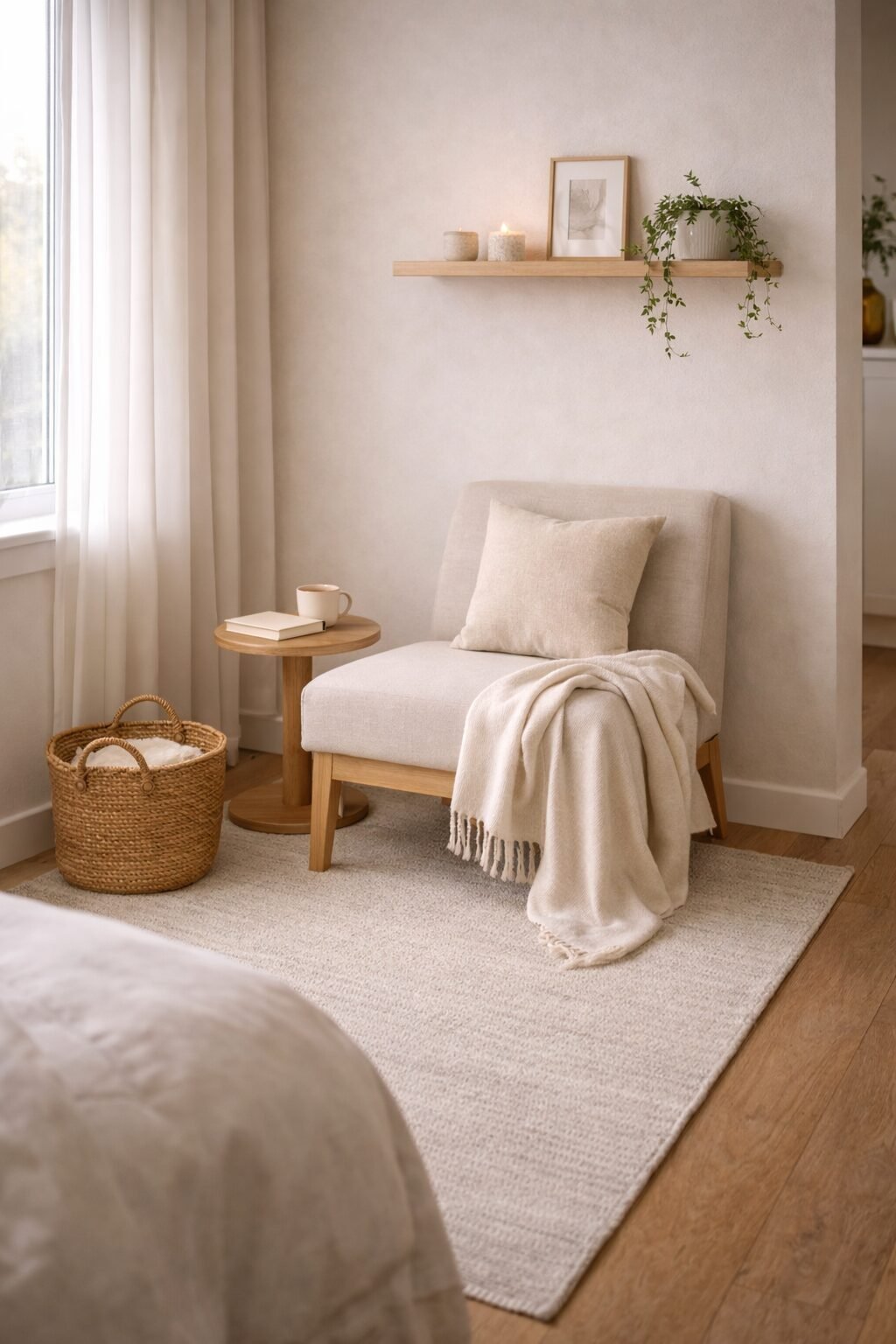 Simple floating shelf above a small seating nook, styled with a trailing plant, stacked books, and neutral ceramic decor.