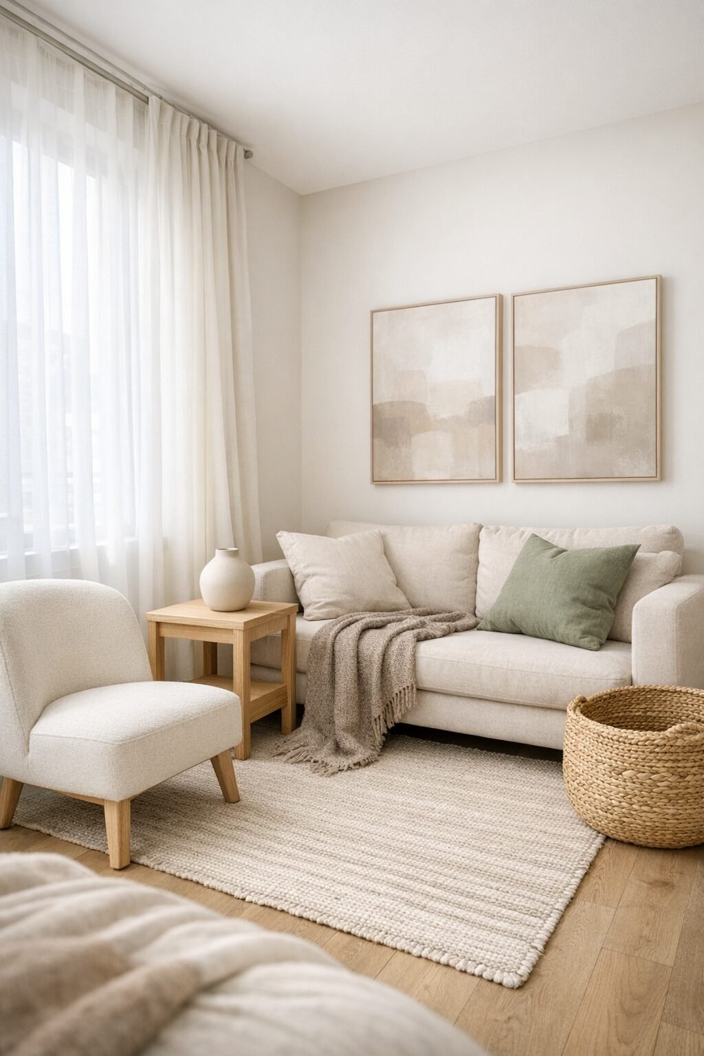 Calm small-space seating corner styled with soft neutrals, natural wood, sheer curtains, and minimal everyday decor.