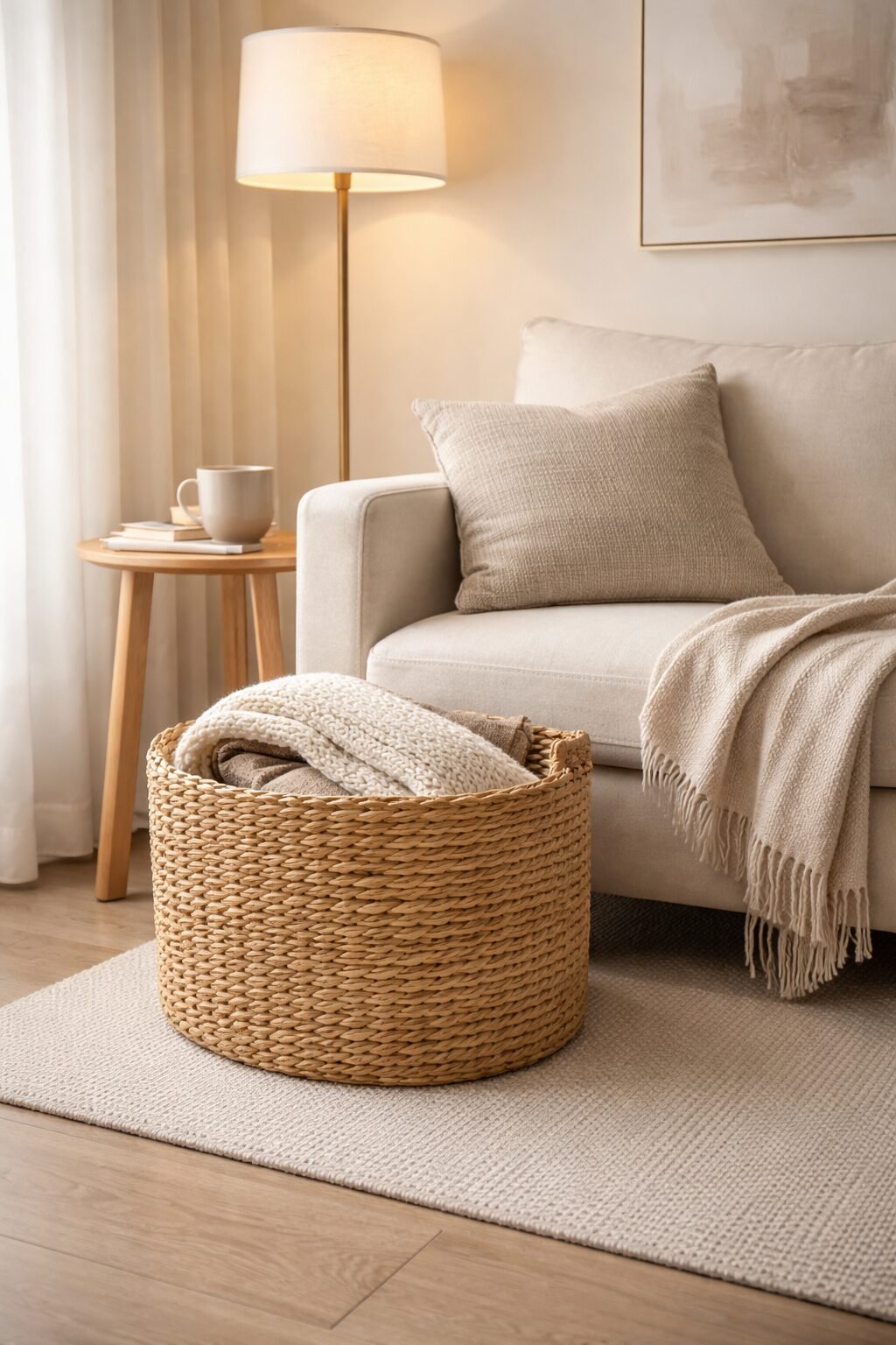 Cozy corner details with a floor lamp, small side table, mug, books, and layered textiles for a lived-in feel.