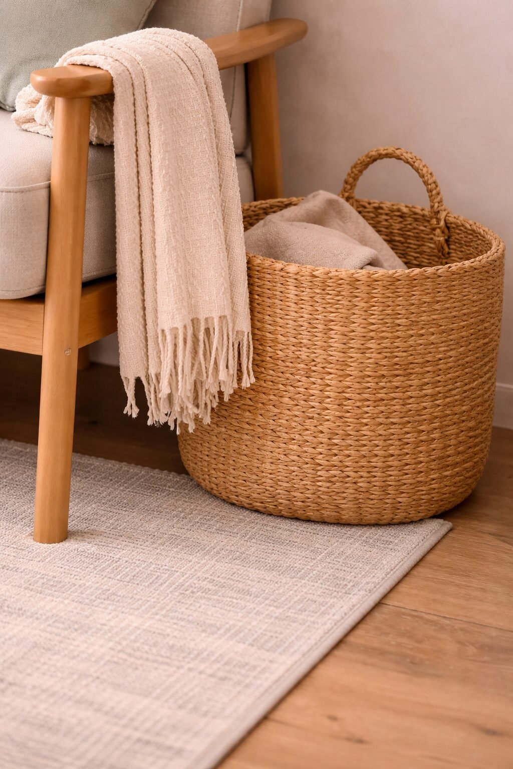 Close-up of a woven basket beside a chair with a textured throw, adding hidden storage and warmth in a small space.