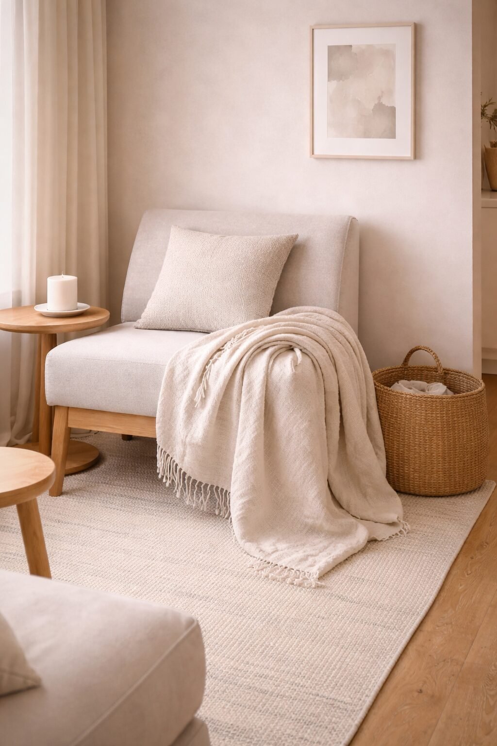 Cozy chair styled with a single oversized neutral throw draped over the side for a relaxed, uncluttered look.