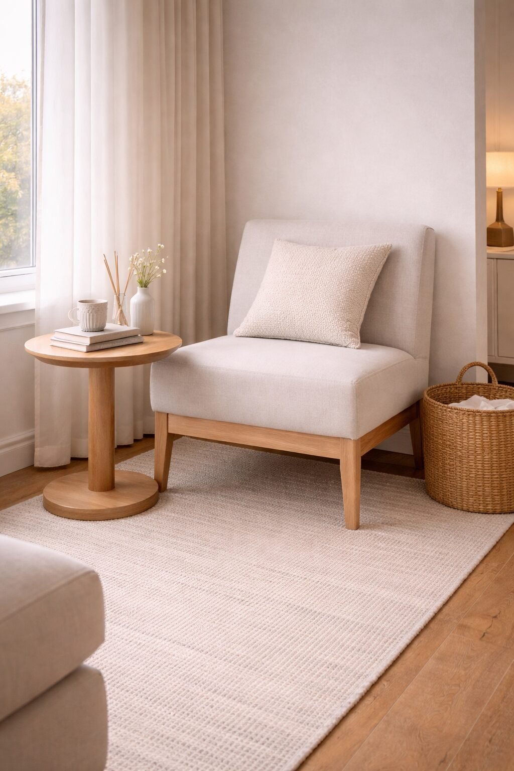 Small round wooden side table next to a compact chair, styled with a mug, stacked books, and a simple vase.