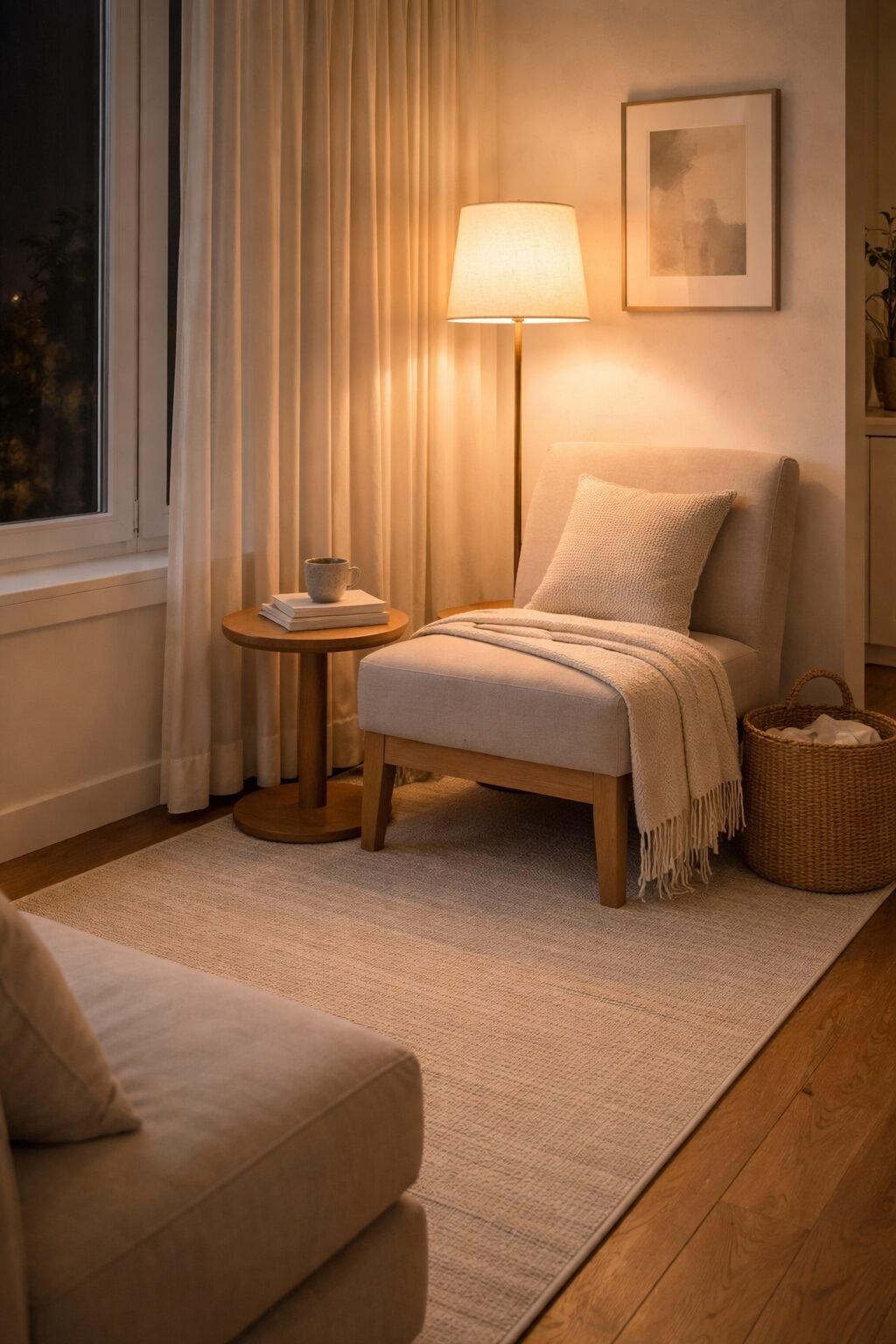 Evening studio corner with warm lamp light, sheer curtains, a compact chair, and a small round table for a calm nighttime feel.