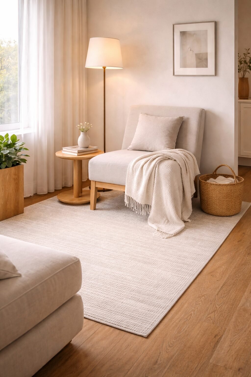 Airy studio corner with a light upholstered chair, floor lamp, round side table, and woven basket in warm neutral tones.