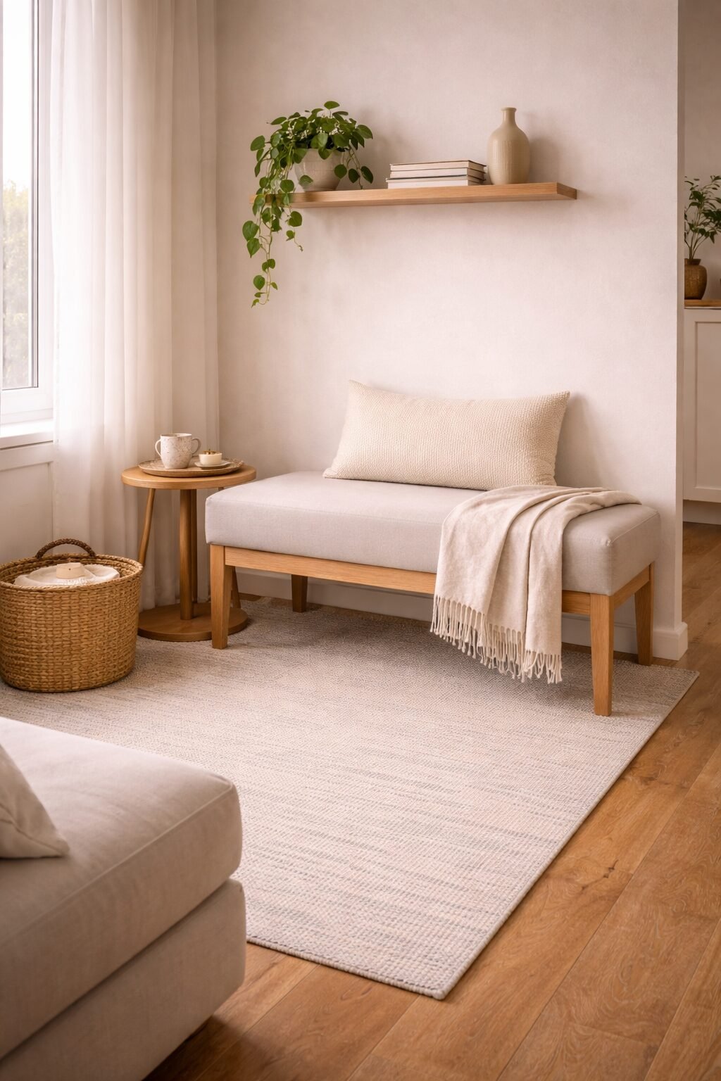 Slim bench in a small studio corner with a soft throw, woven basket, and a floating shelf for vertical styling.