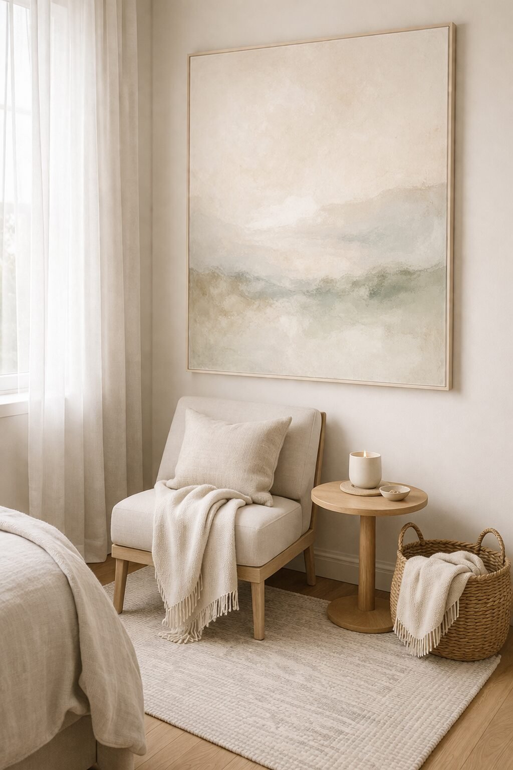 Soft neutral studio corner with a compact chair, warm lighting, simple wall art, and a few easy styling upgrades.