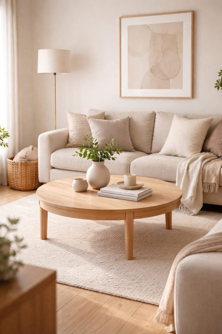Warm neutral living room with a round wood coffee table, soft rug, and light sofa in a small space.