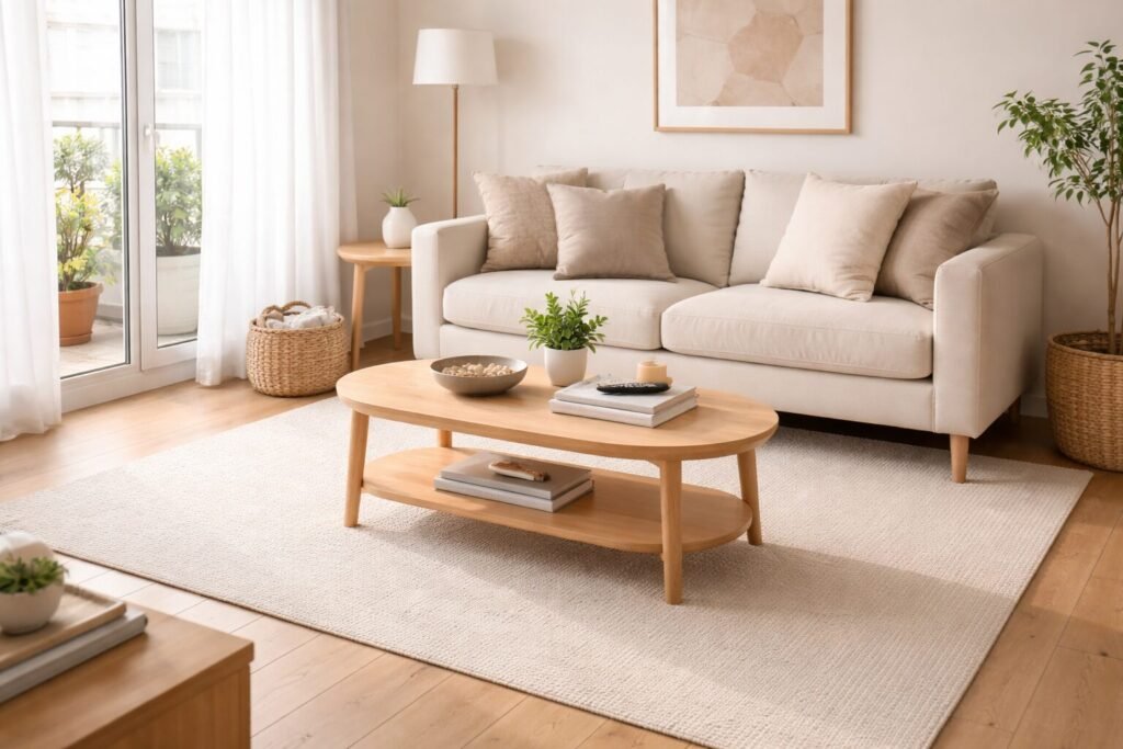 Light and airy small living room featuring an oval coffee table with an open shelf and a soft neutral sofa.