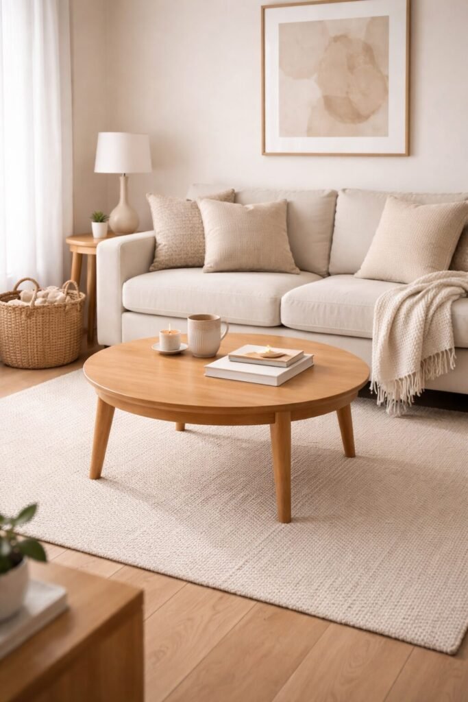 Simple round wood coffee table in a small living room, styled with neutral decor for an open, uncluttered feel.