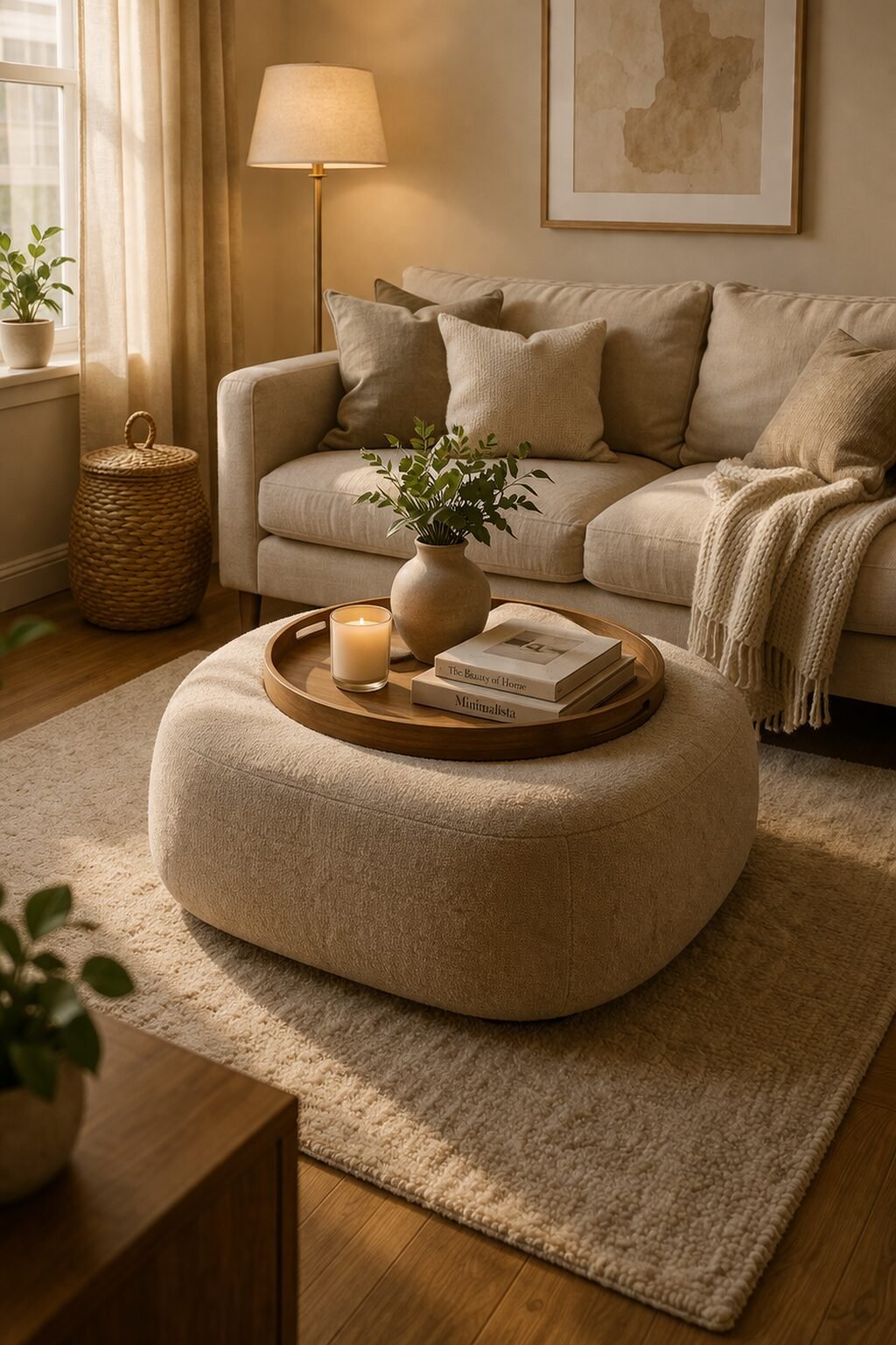 Upholstered ottoman coffee table styled with a tray, candle, and books for a soft, cozy small-space living room.