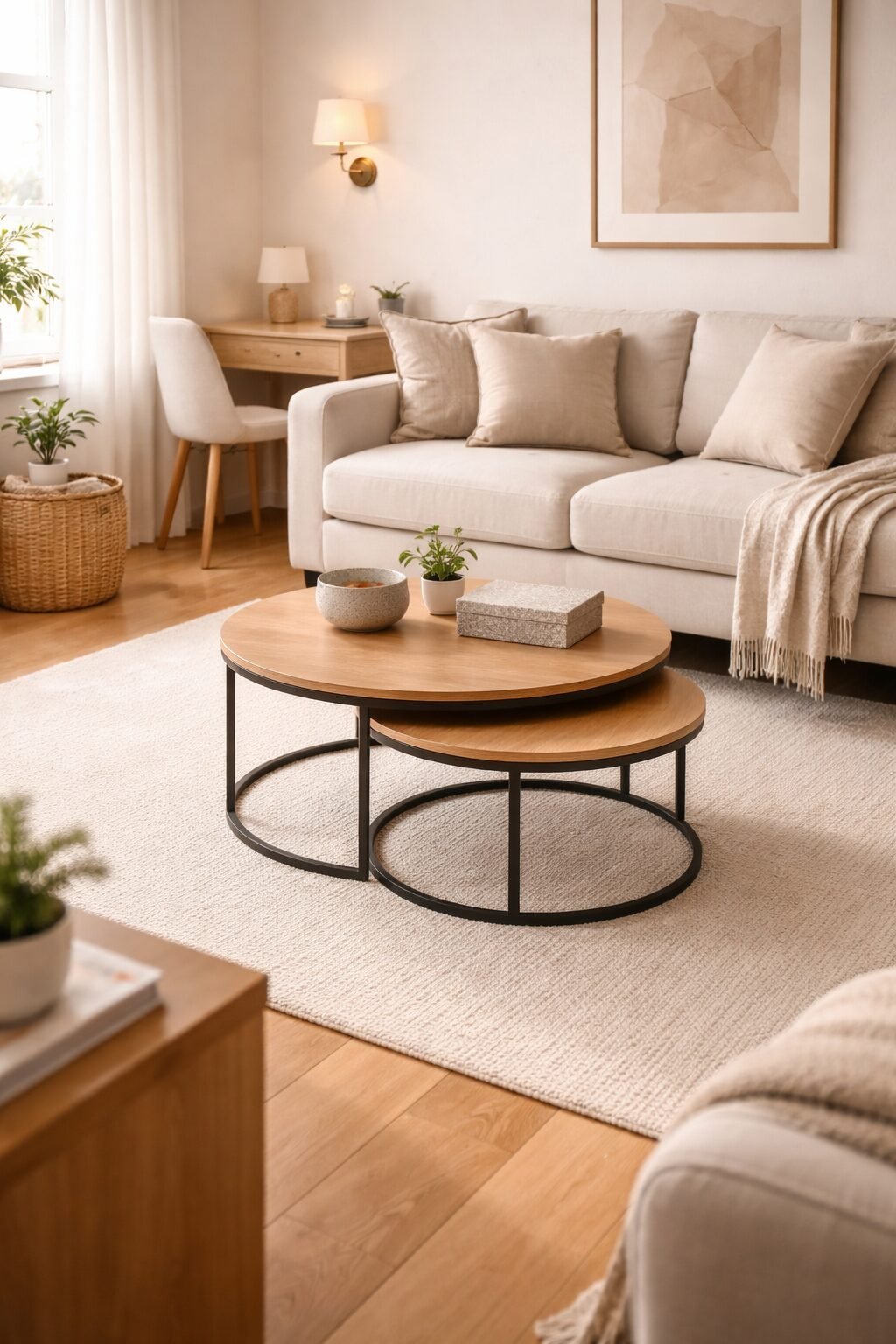Nesting round coffee tables in a compact living room, creating flexible surface space without adding visual bulk.