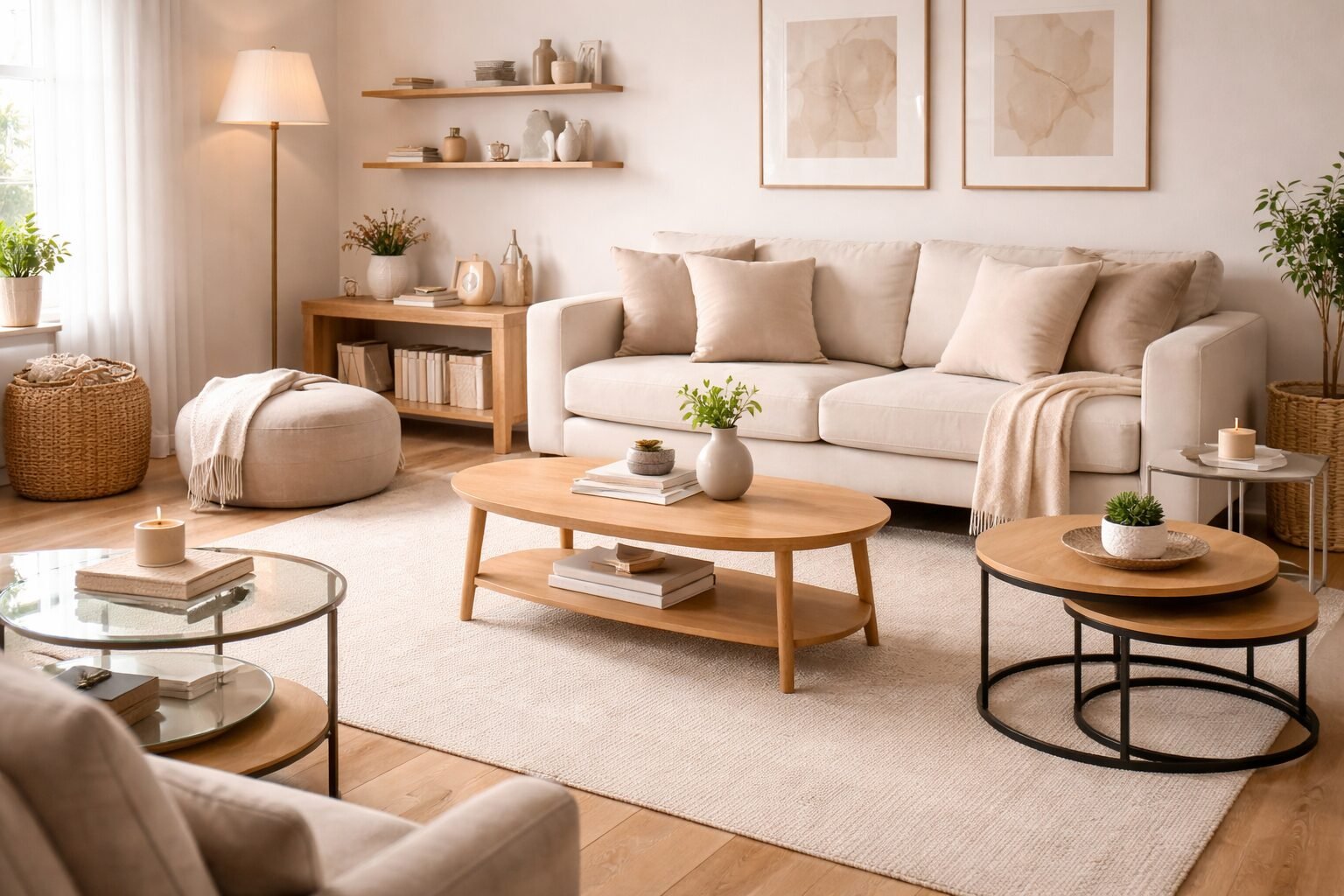Small living room layout showing coffee table options with light finishes and open bases to keep the space feeling spacious.