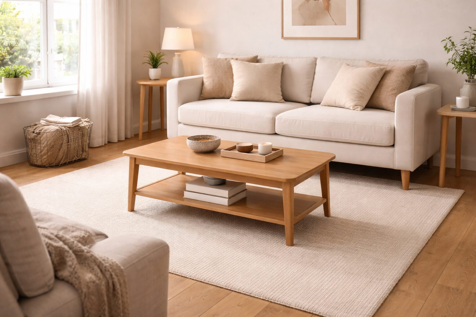 Slim rectangular coffee table with a lower shelf in a small living room, keeping storage tidy while the room stays airy.