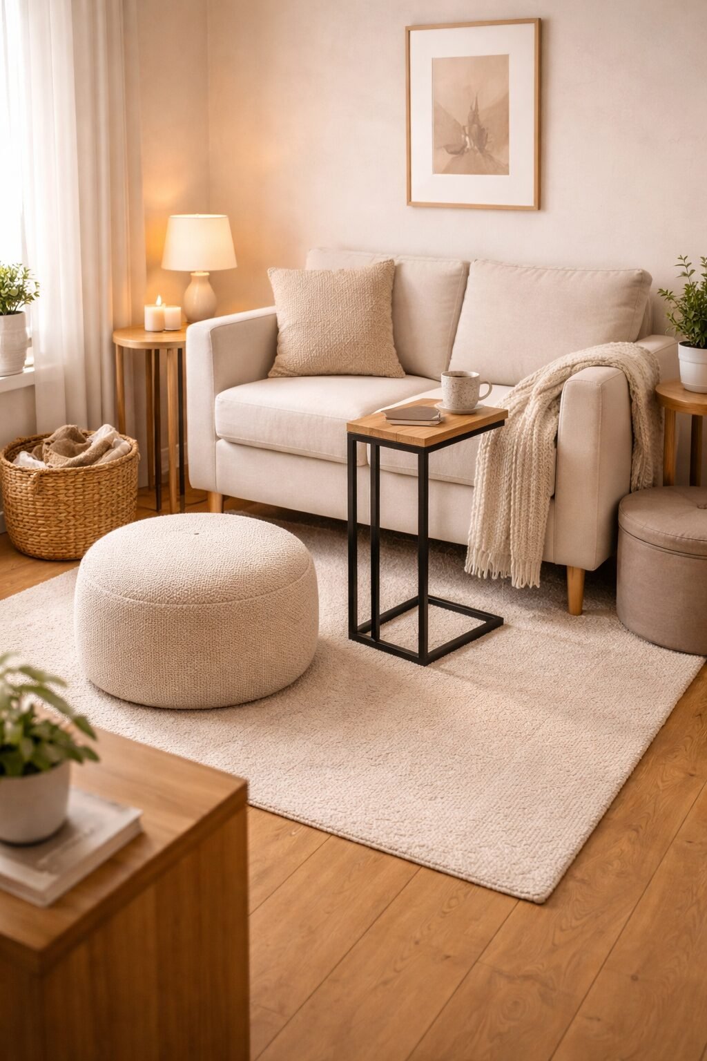 Small living room alternative with a compact side table and soft pouf, creating a flexible setup for tight layouts.