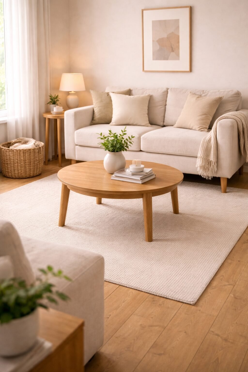 Simple round wood coffee table centered on a light rug in a small living room with an airy neutral palette.