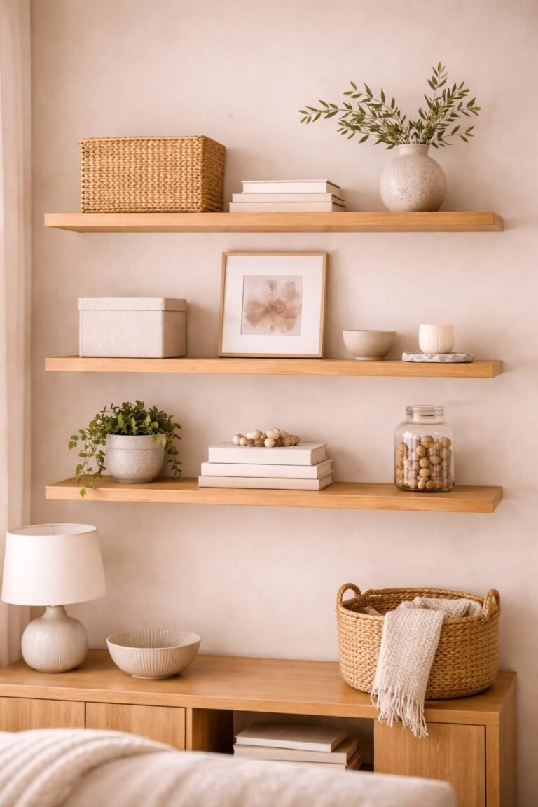 Minimal open shelves styled with baskets, books, and neutral decor in a warm small space