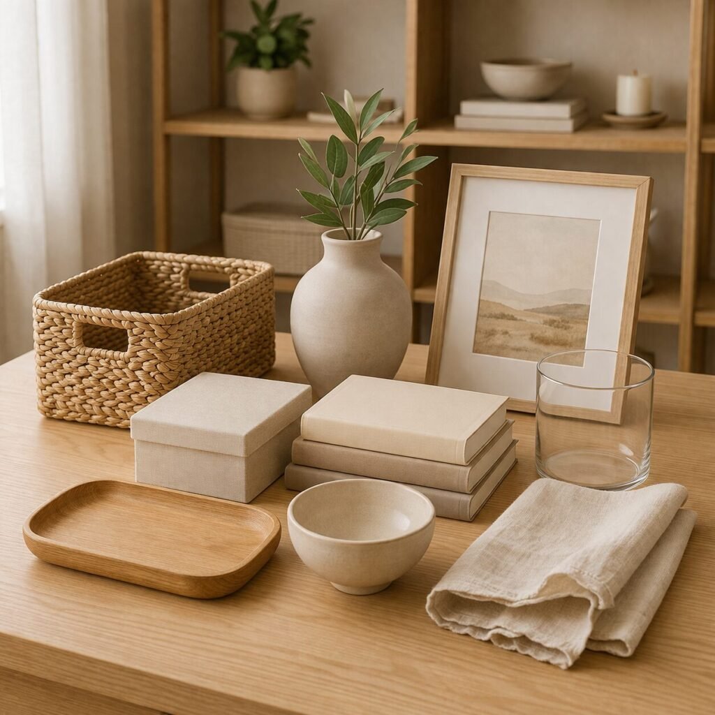 Shelf styling essentials on a wooden table, including a basket, ceramic vase, framed art, and storage box