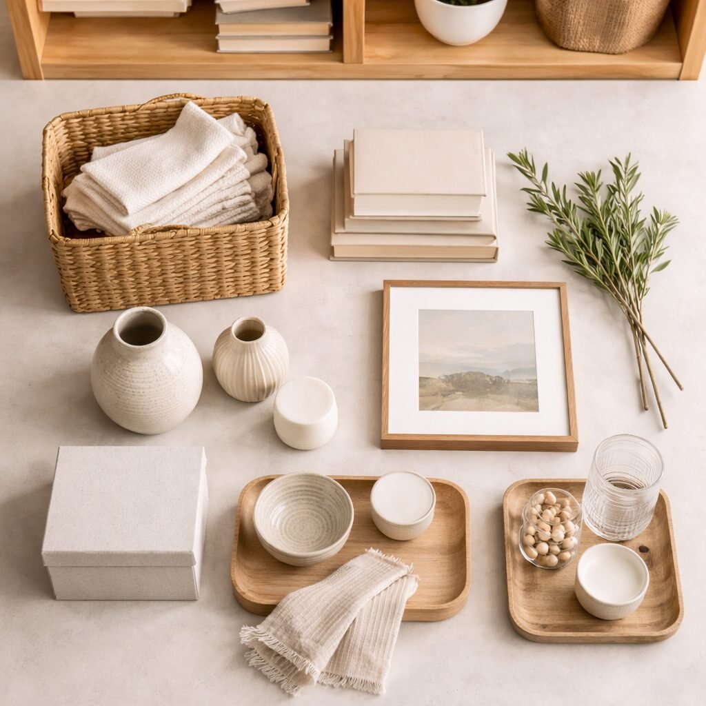 Neutral shelf styling items laid out for planning, including trays, ceramics, books, and greenery