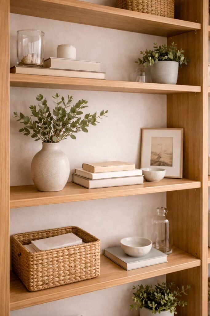 Wood shelving styled with a large ceramic vase, stacked books, and a woven basket for a balanced look