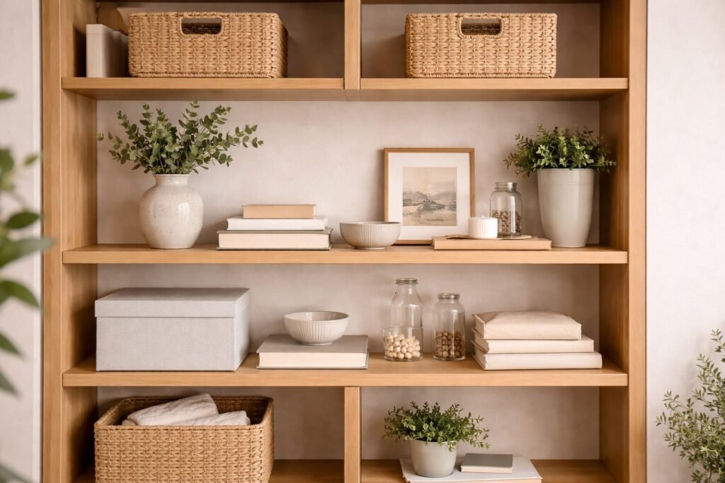 Organized open shelves with woven bins, neutral storage boxes, and simple decor for a calm, tidy feel