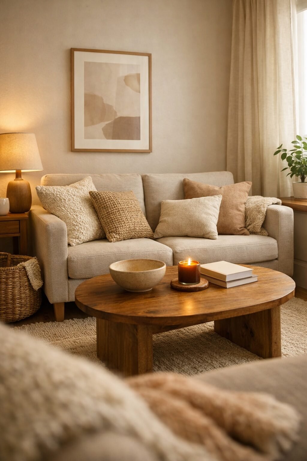 Warm neutral living room with a round wood coffee table, soft pillows, and a glowing table lamp