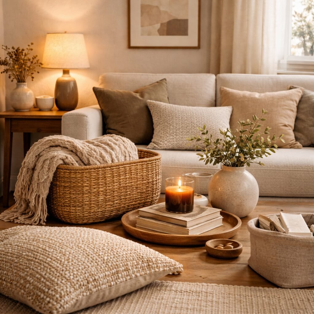 Woven basket used as stylish storage for blankets in a calm neutral living room
