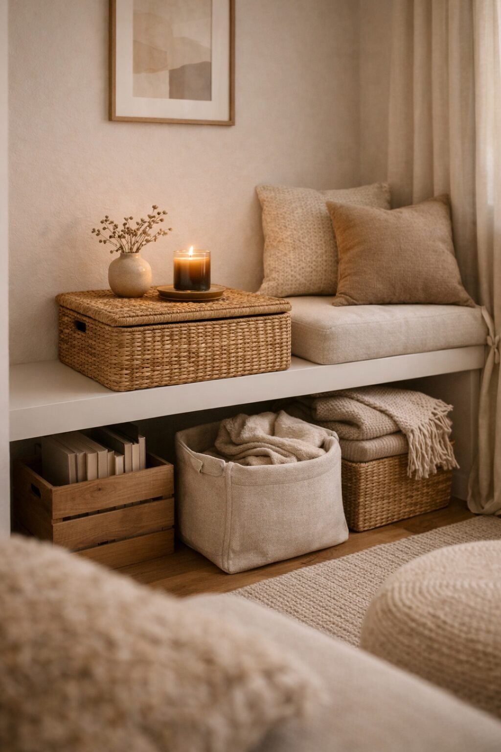 Woven basket storage styled under a built-in bench with soft throws and neutral pillows