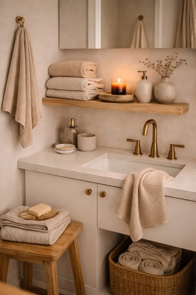 Soft neutral bathroom vanity with rolled towels, a wood shelf, warm candlelight, and matte soap dispenser