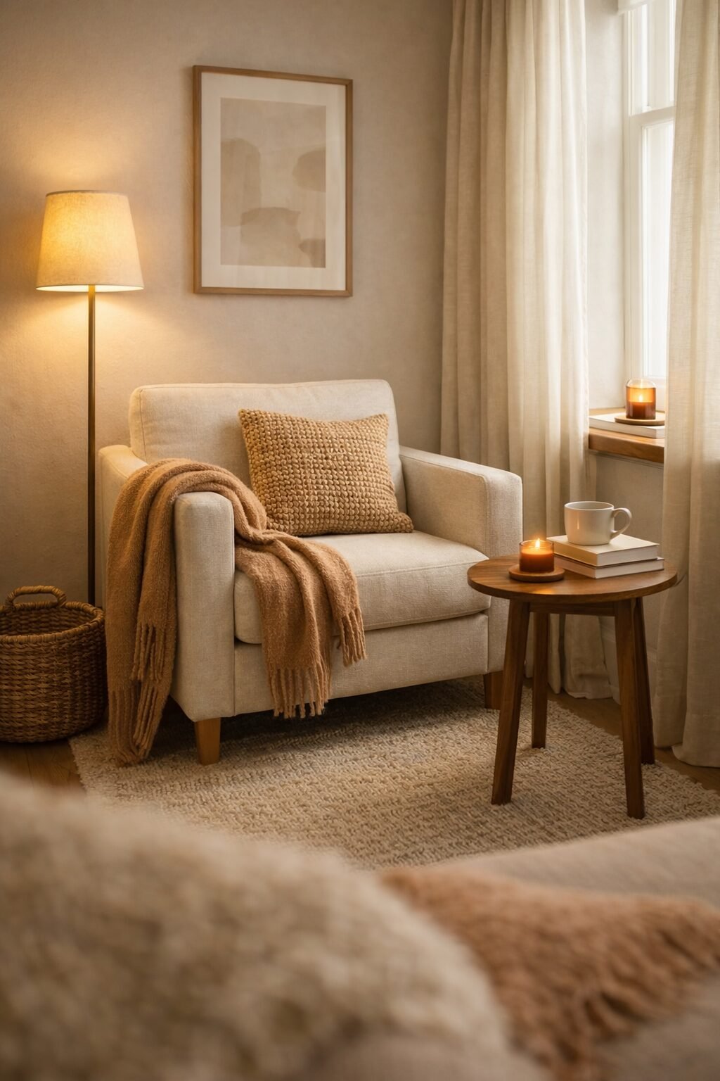 Soft reading corner with an upholstered chair, round side table, and warm lamp light