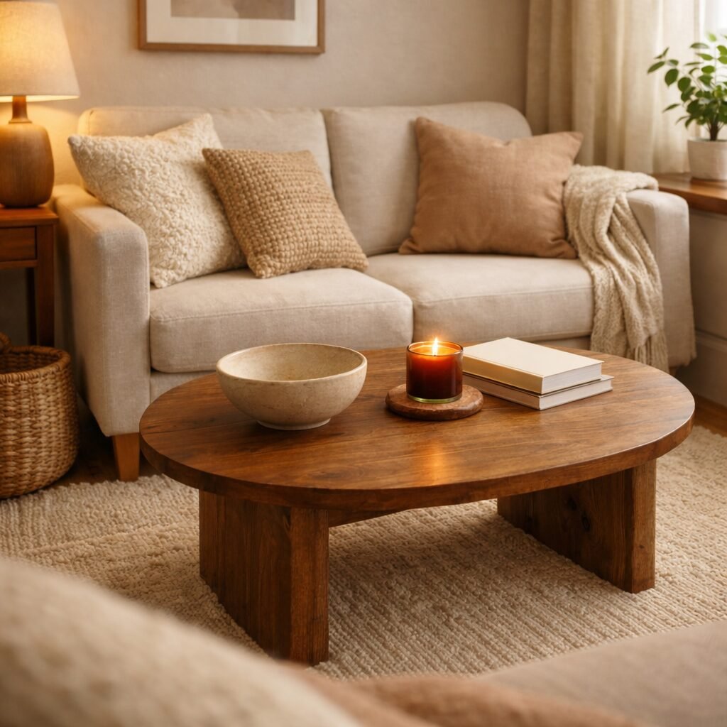Round wood coffee table styled with a candle, books, and a simple ceramic bowl