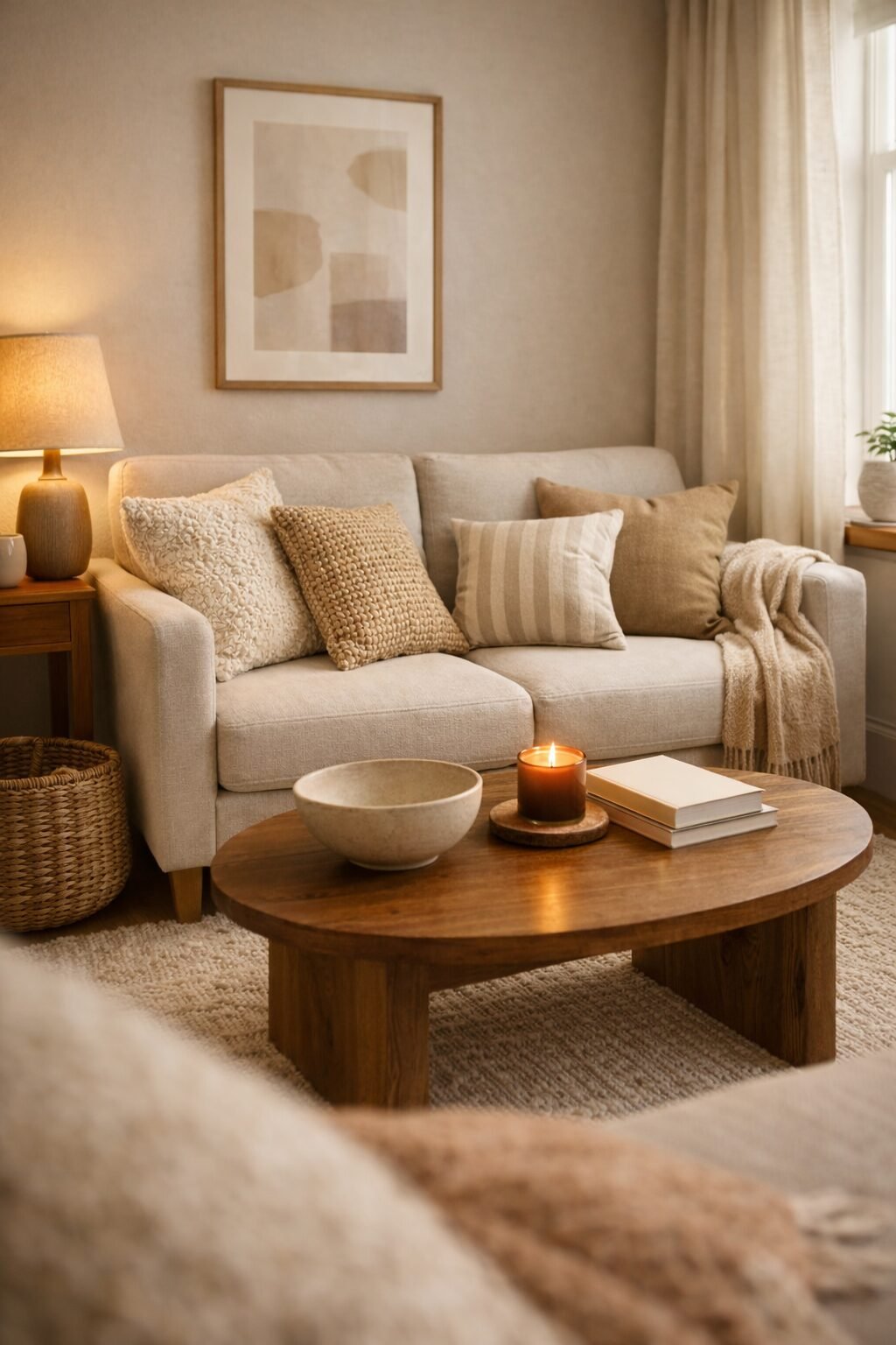 Neutral sofa styled with textured pillows and a soft throw for a calm fall look