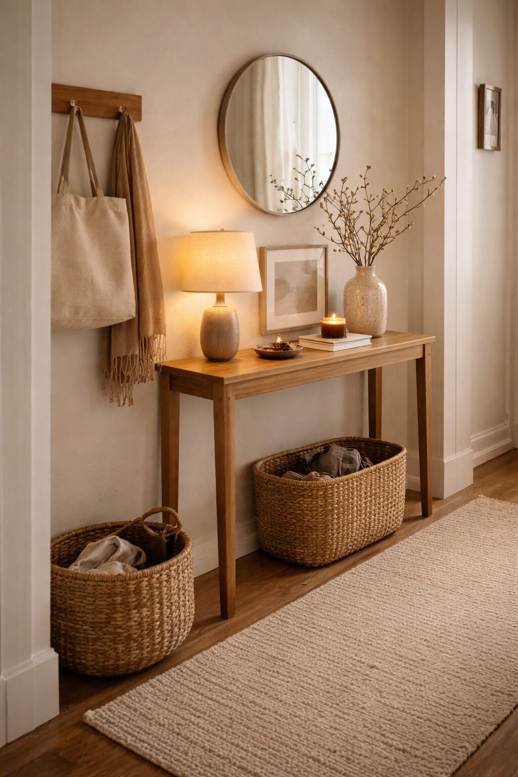 Small entry console styled with a round mirror, warm lamp, and woven baskets underneath