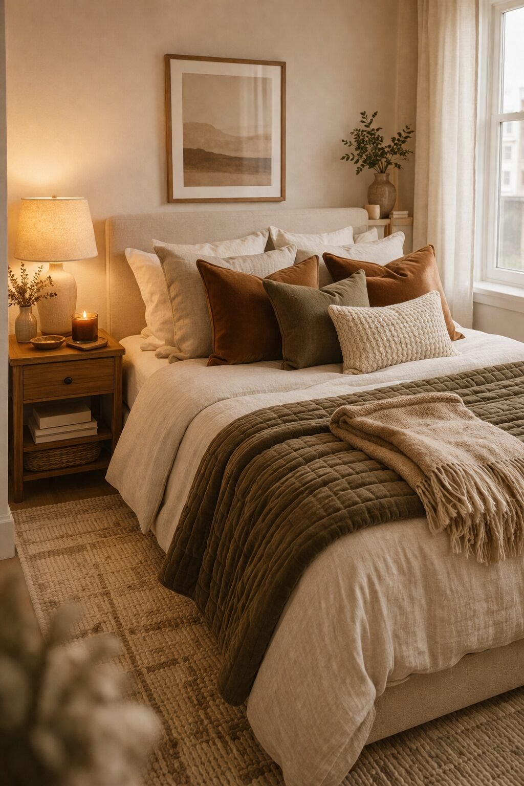 Neutral bed layered with textured pillows and a deeper-toned quilt for soft contrast