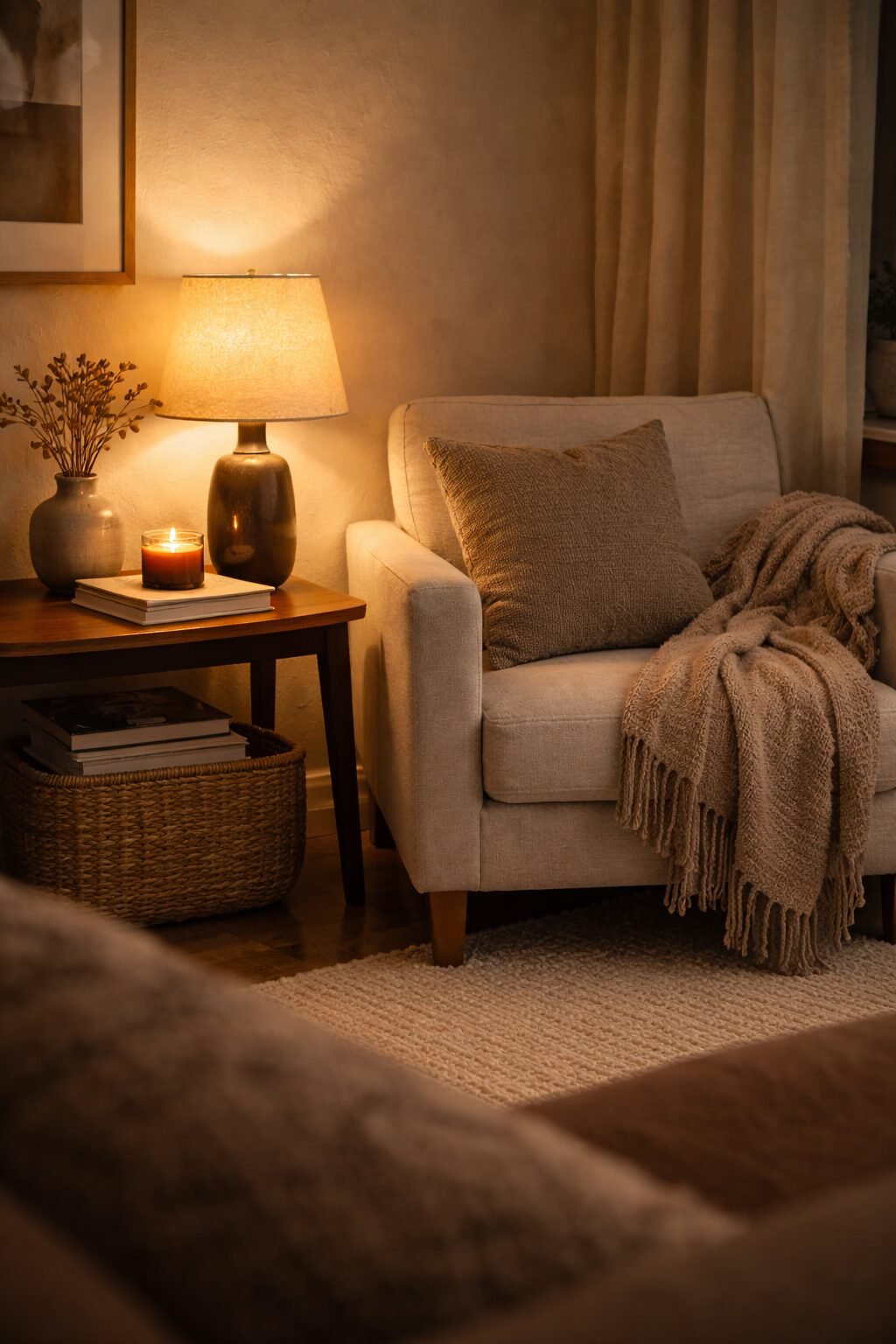 Lamp-lit corner with a cozy chair, textured throw, and warm evening glow