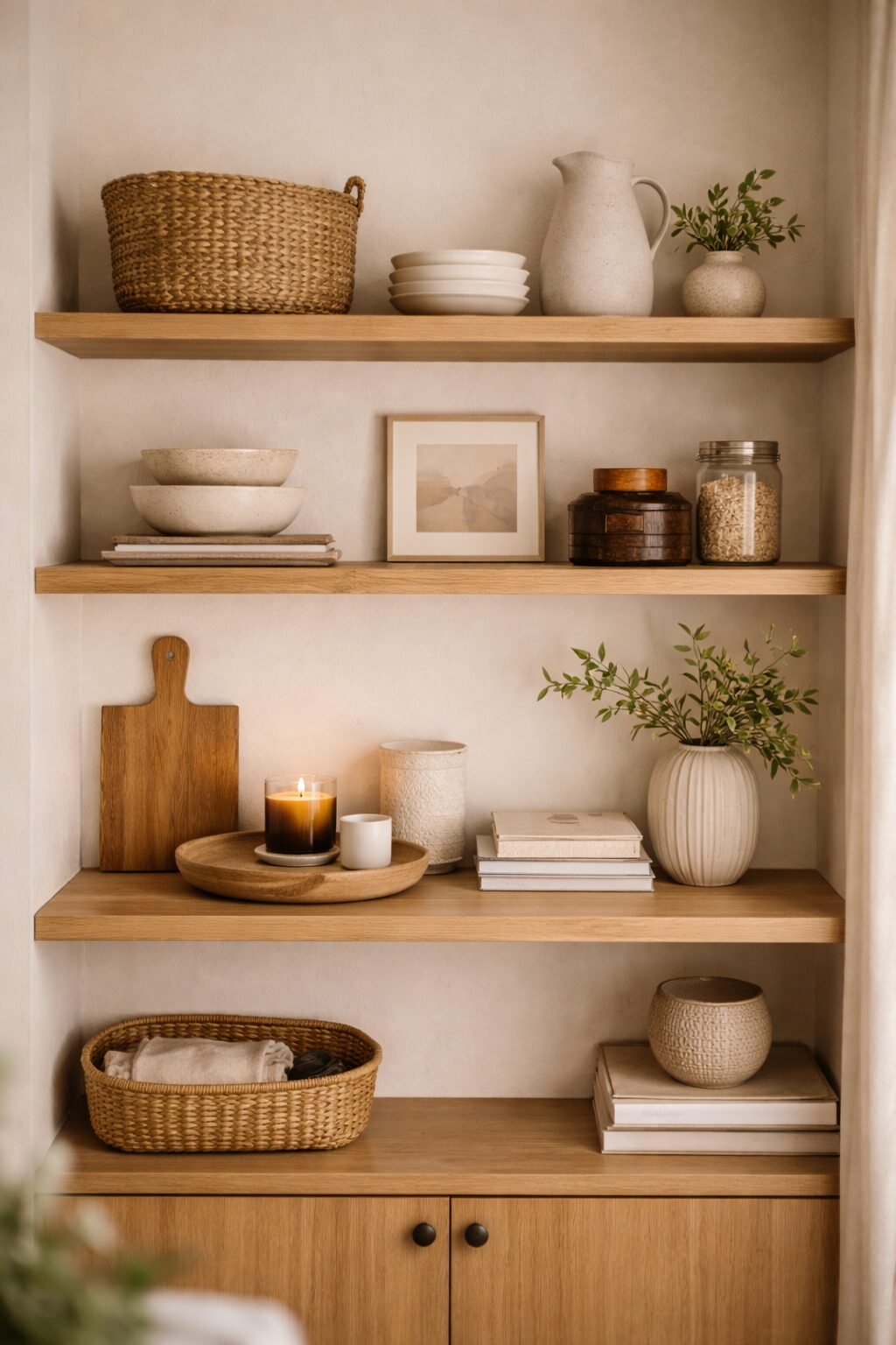 Open shelving styled with books, ceramics, greenery, and balanced negative space