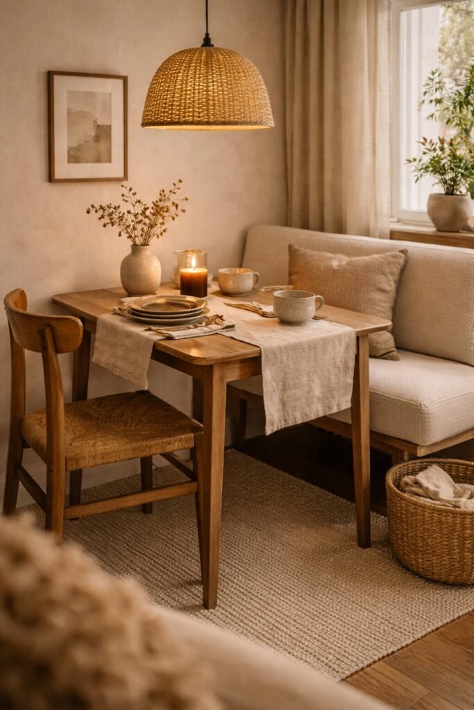 Small dining nook with a linen runner, warm pendant light, and simple stoneware place settings