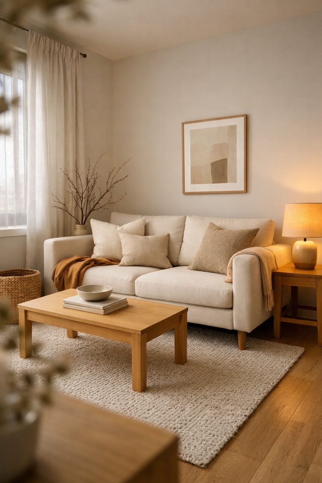 Warm minimalist living room with cream sofa, light wood coffee table, and soft lamp glow