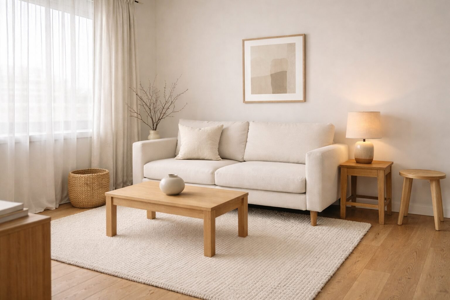 Light and airy small living room with neutral sofa, woven rug, and simple wood table