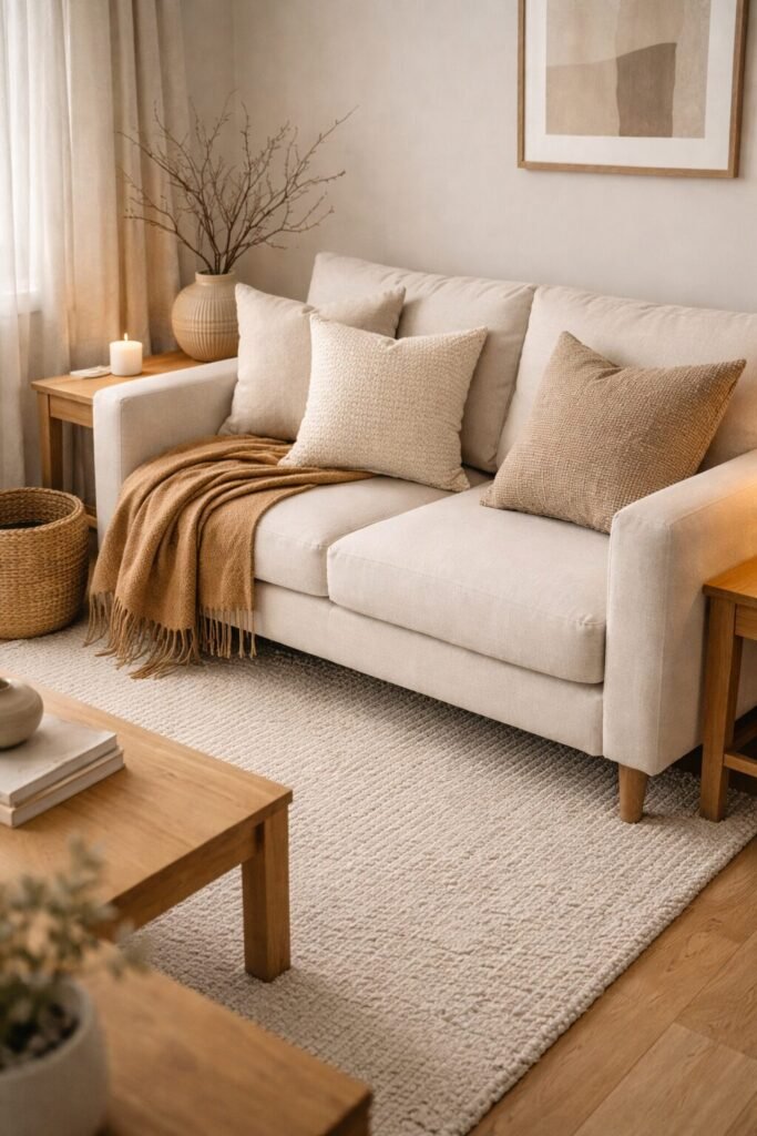 Close-up of neutral sofa styling with textured pillows and a camel throw blanket