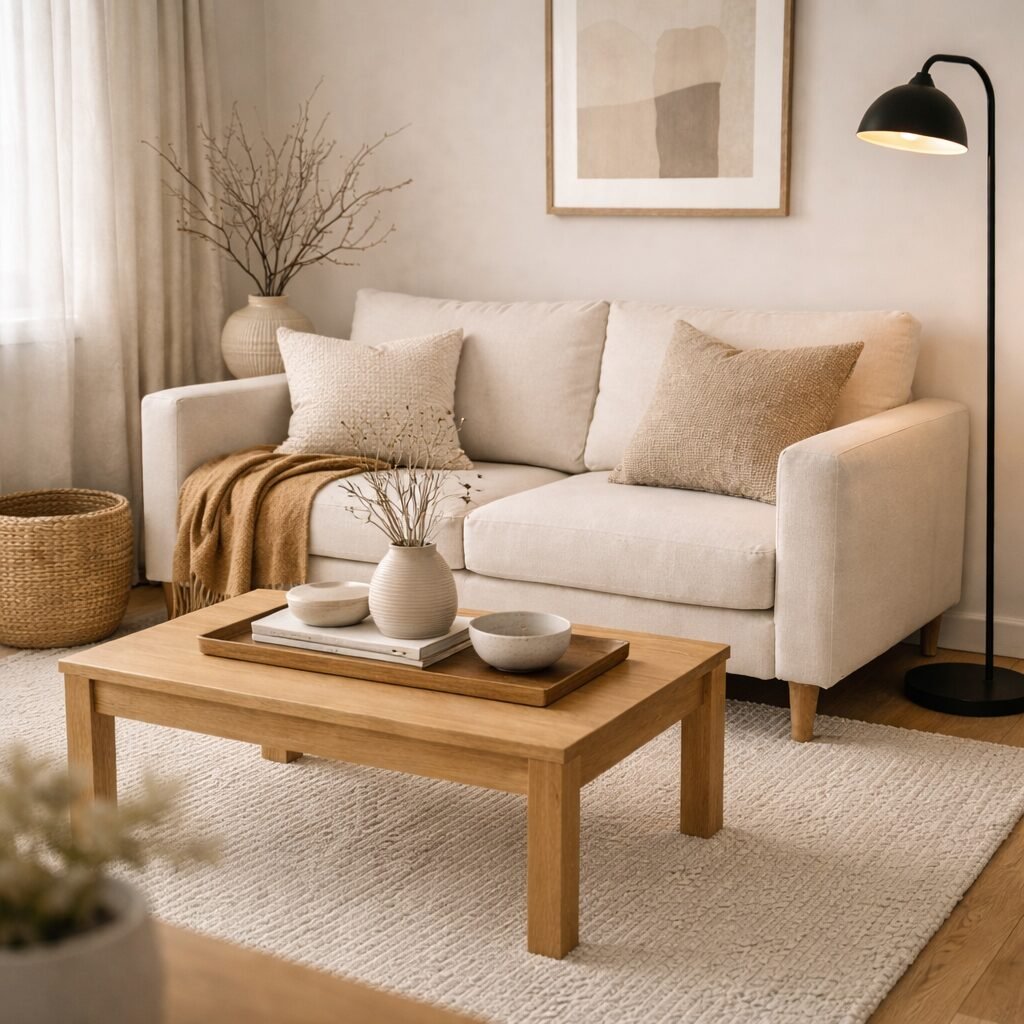Minimal coffee table styling with ceramic pieces on a tray and a black floor lamp beside the sofa