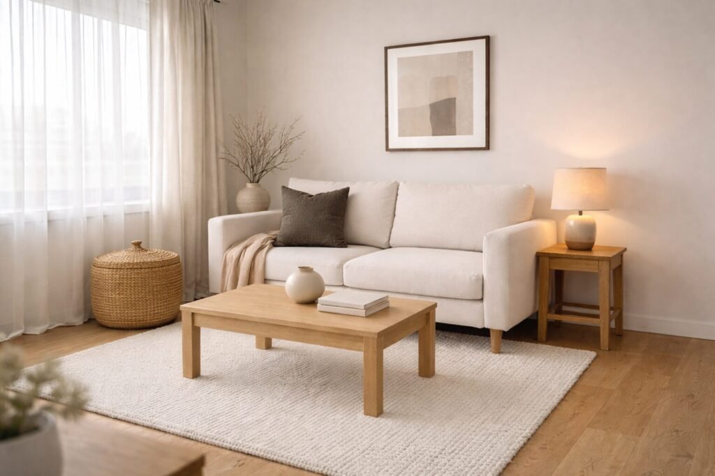 Neutral living room with a compact sofa, lidded basket, warm table lamp, and light wood coffee table