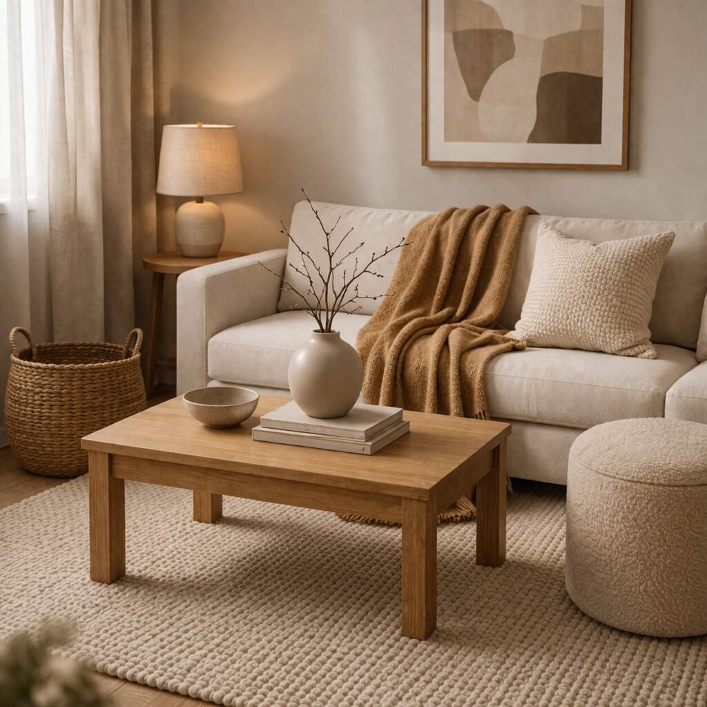 Cozy neutral seating area with an oak coffee table, soft throw, and textured pouf on a woven rug