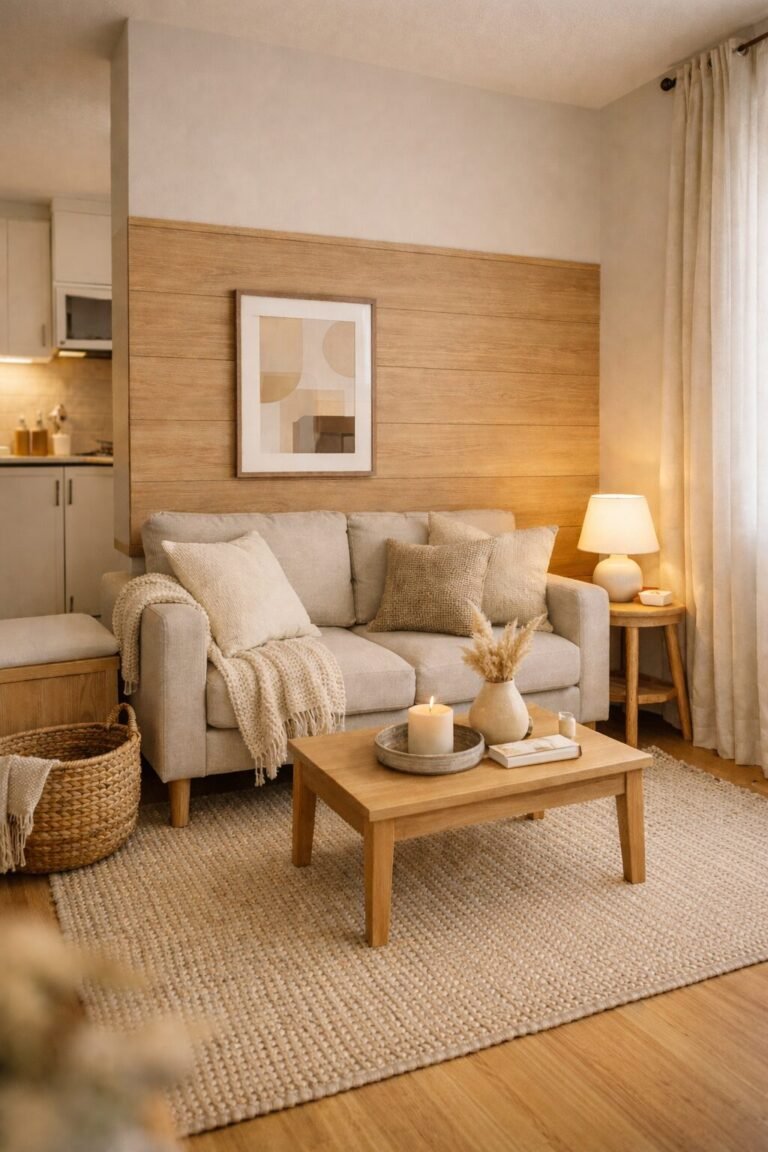 cozy rental living room with peel and stick wood accent wall and warm neutral decor