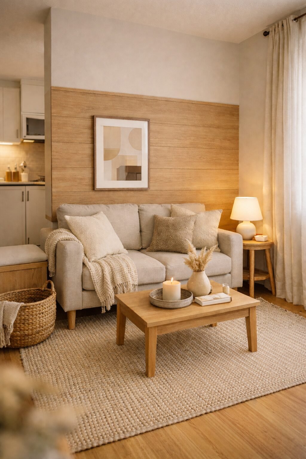 cozy rental living room with peel and stick wood accent wall and warm neutral decor