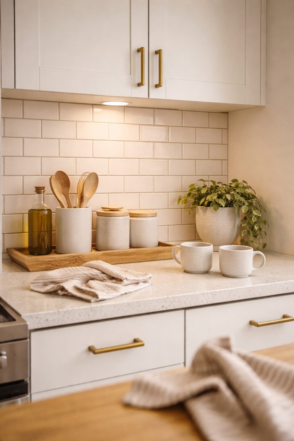 warm white peel and stick subway tile backsplash in a small rental kitchen