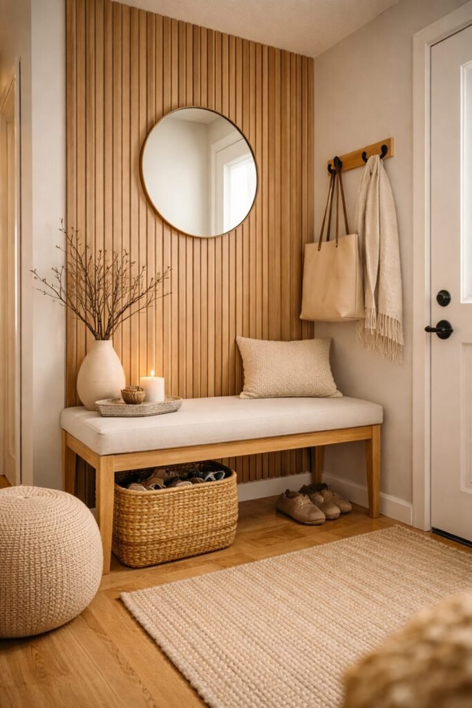 faux wood slat peel and stick accent wall in a cozy rental entryway