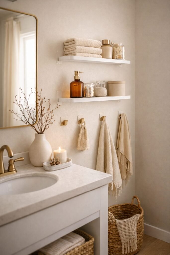 small bathroom with adhesive wall hooks and slim wall shelves for extra storage