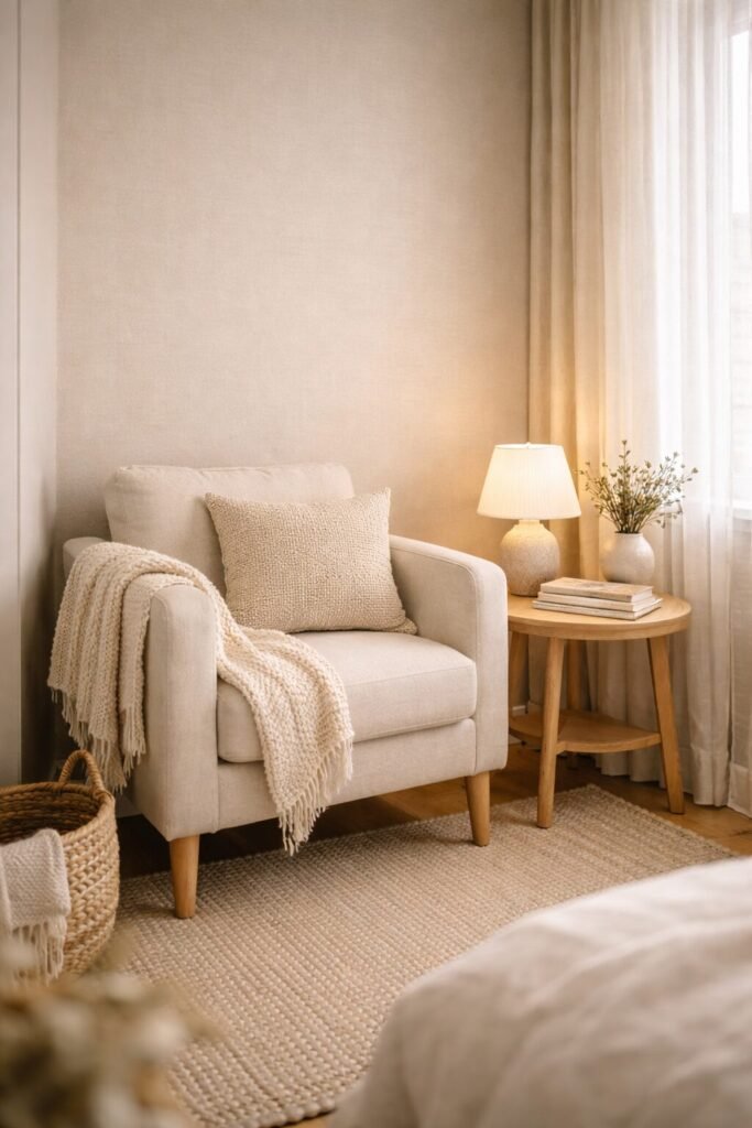 linen look peel and stick wallpaper in a soft neutral reading corner