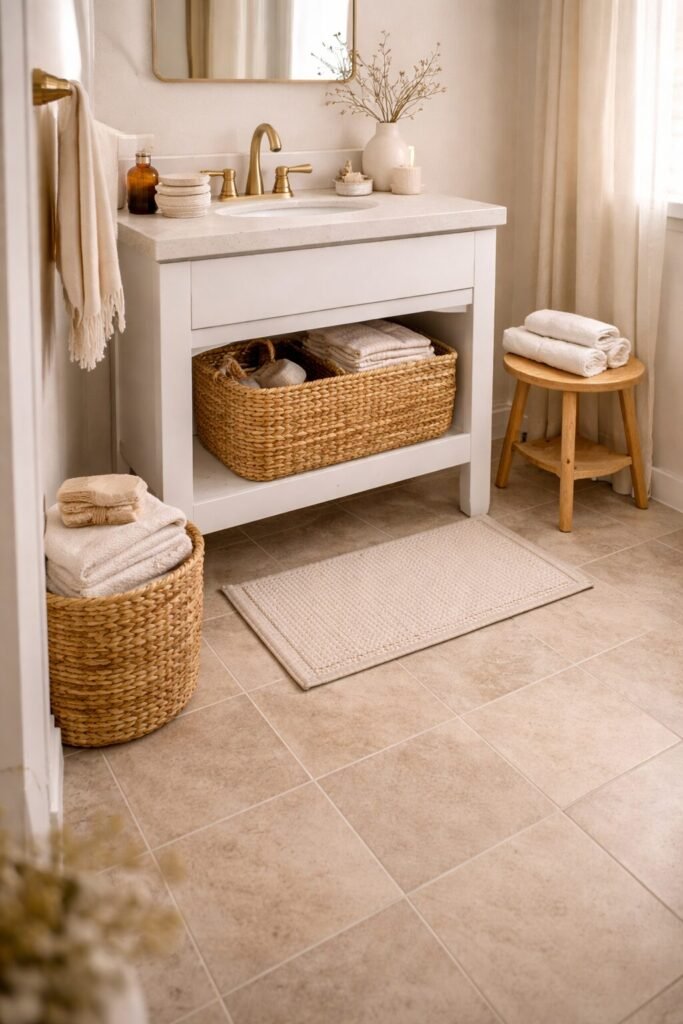 warm stone peel and stick floor tiles in a small rental bathroom